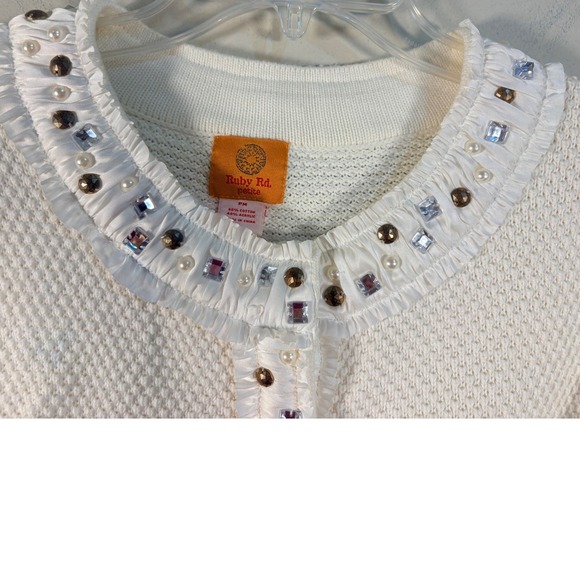 Ruby Rd Petite White Embellished Cardigan Ruffle Trim Pearl Crystal PM Sweater - Picture 3 of 7
